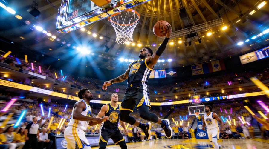 NBA总决赛篮球馆内激烈攻防画面，球员突破上篮并有观众席背景灯光